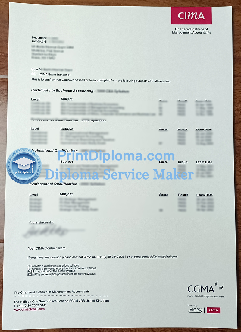 Chartered lnstitute of Management Accountants transcript, CIMA transcript