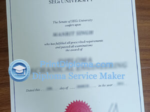 SEGi University diploma sample with blue border and red university seal