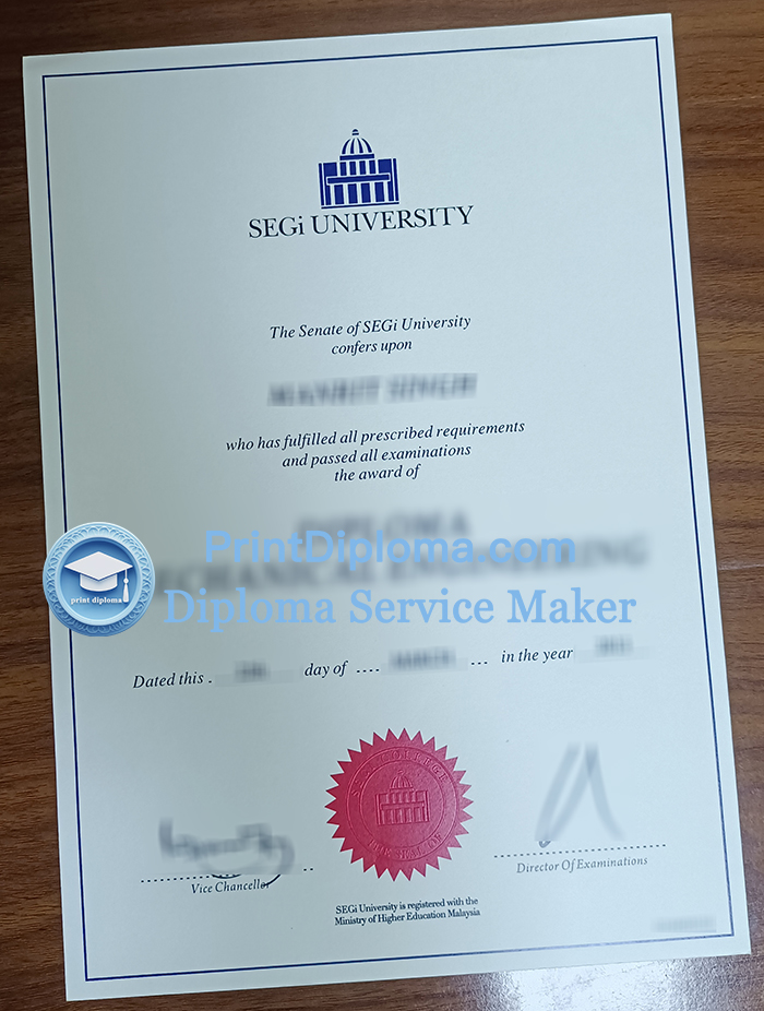 SEGi University diploma sample with blue border and red university seal